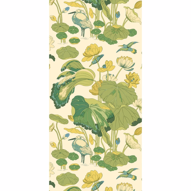 Emerald botanical wallpaper with yellow blooms, birds and layered green waterlily leaves