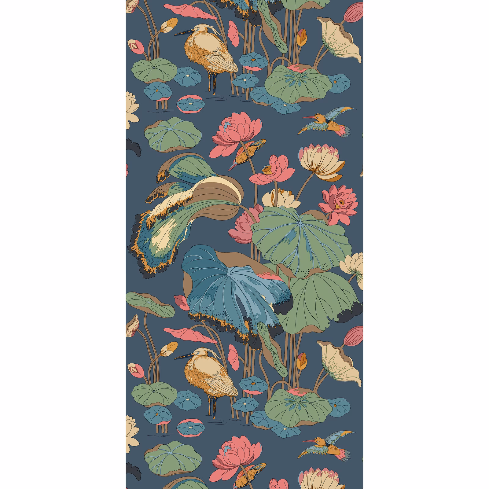 Dark indigo-teal pond scene with coral lilies, broad leaves and wading birds