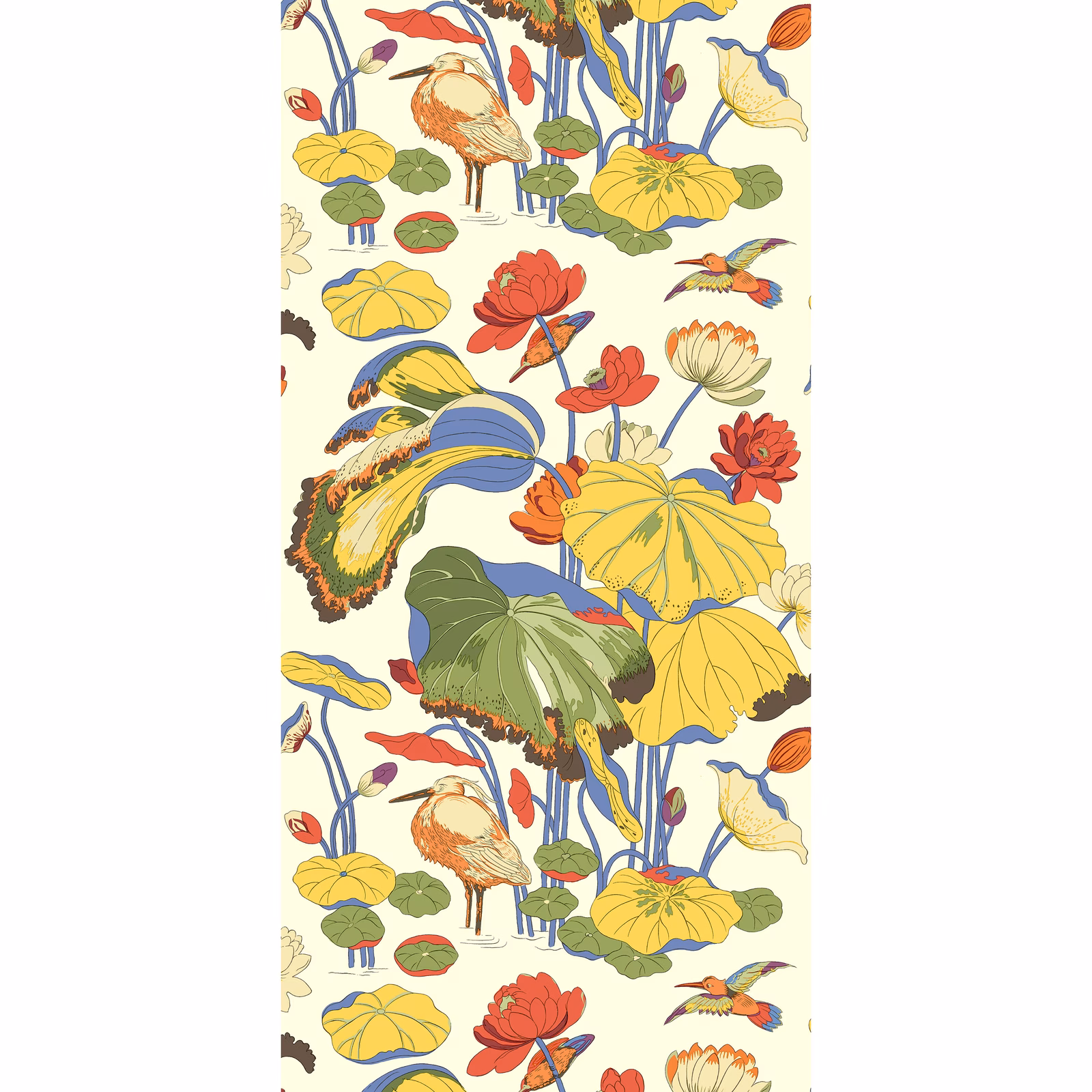 Cream wallpaper with yellow lily pads, coral flowers, blue stems and illustrated birds