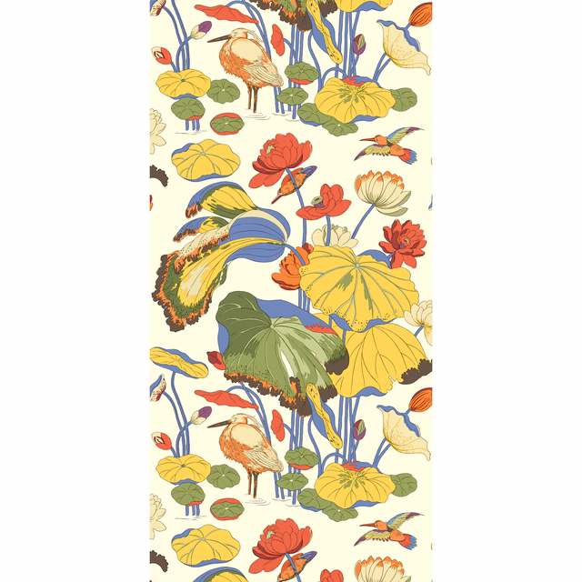 Cream wallpaper with yellow lily pads, coral flowers, blue stems and illustrated birds