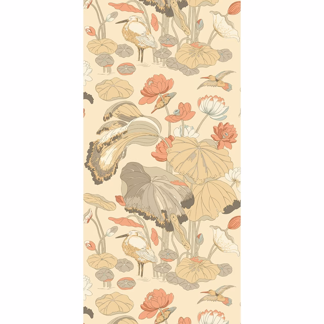 Parchment wallpaper with blush flowers, birds, lotus leaves and muted taupe foliage