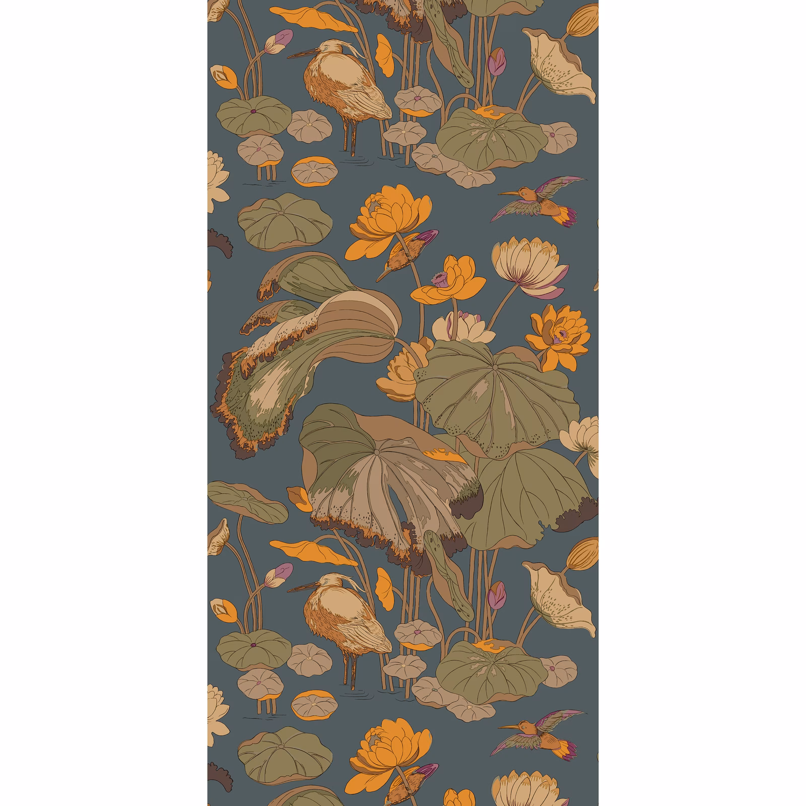 Blue-grey wallpaper with orange flowers, olive leaves, birds and lily pads