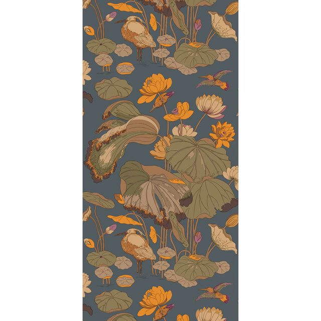 Blue-grey wallpaper with orange flowers, olive leaves, birds and lily pads