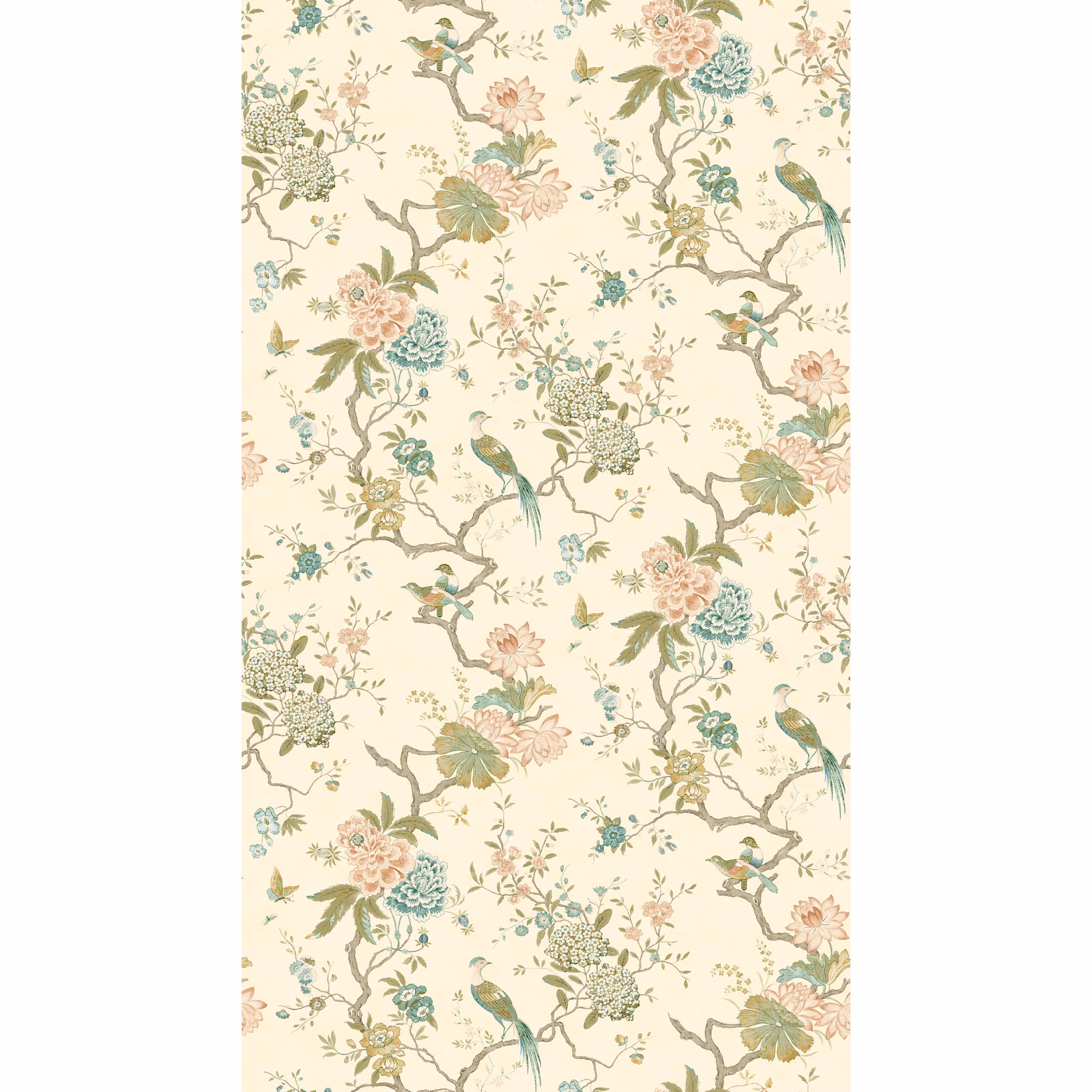 Antique cream wallpaper with muted chinoiserie birds, flowers and branching stems