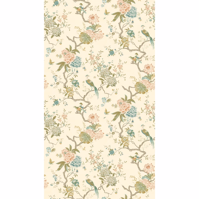 Antique cream wallpaper with muted chinoiserie birds, flowers and branching stems