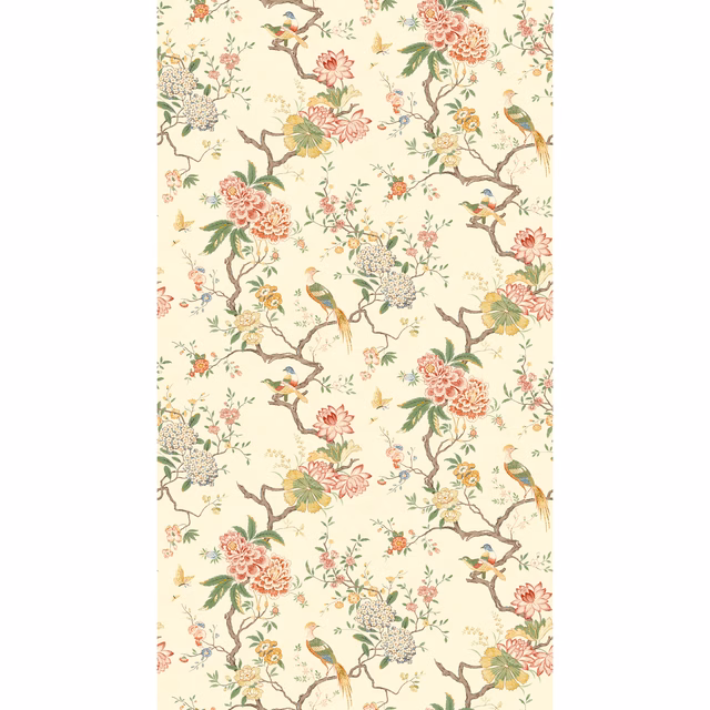 Warm ivory wallpaper with coral blossoms, perched birds, sage leaves and branching stems