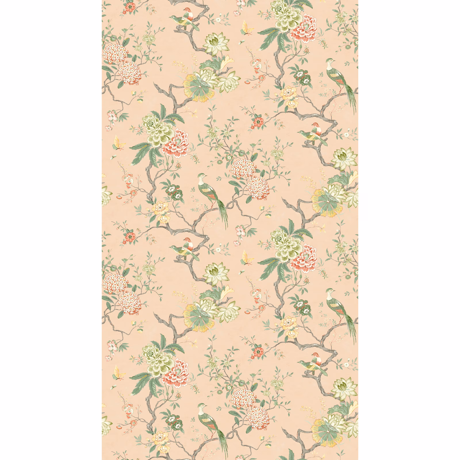 Blush pink wallpaper with painted birds, flowering branches and sage foliage