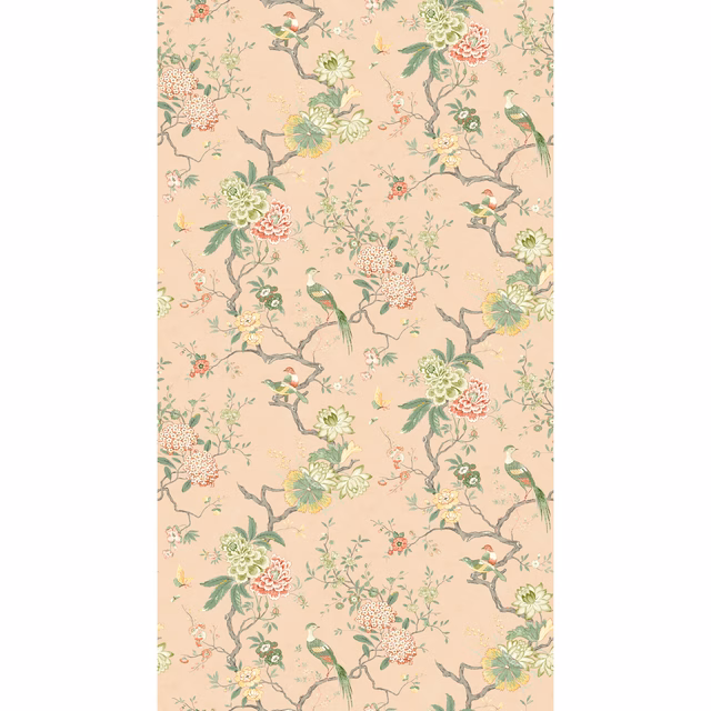 Blush pink wallpaper with painted birds, flowering branches and sage foliage
