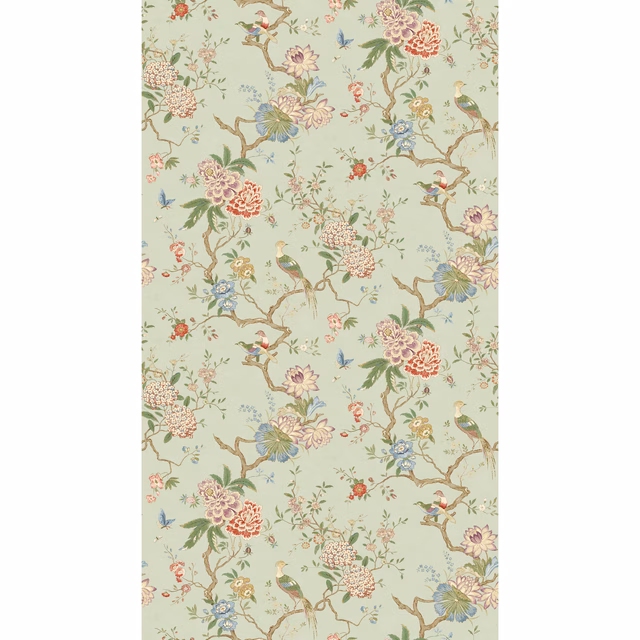 Pale eau de nil wallpaper with flowering branches, perched birds and coral blooms