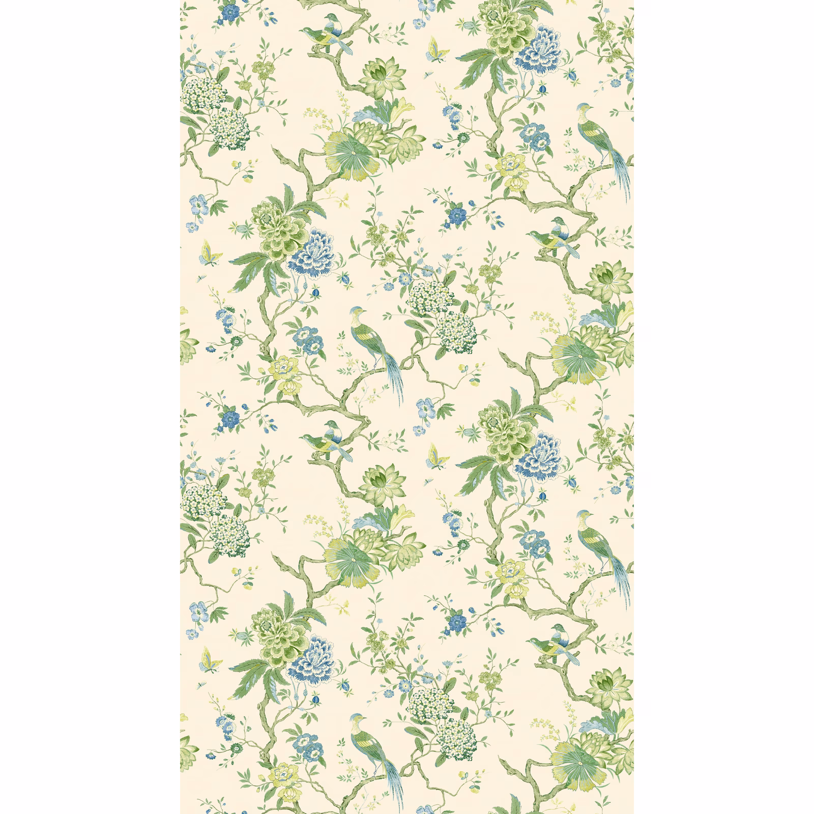 Cream wallpaper with green branches, blue flowers and perched long-tailed birds