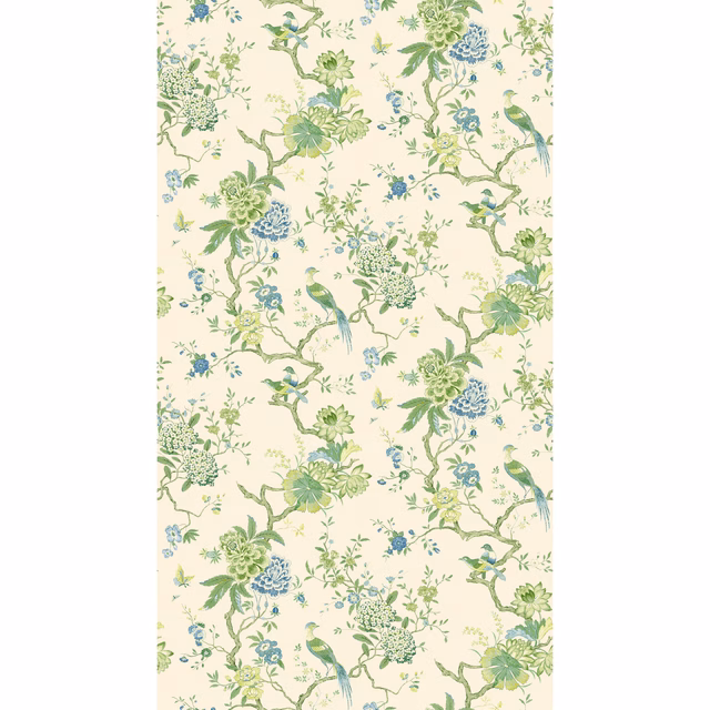 Cream wallpaper with green branches, blue flowers and perched long-tailed birds