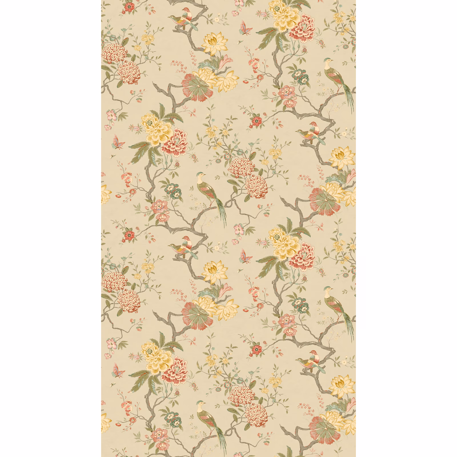 Muted taupe wallpaper with coral flowers, perched birds and branching botanical trails