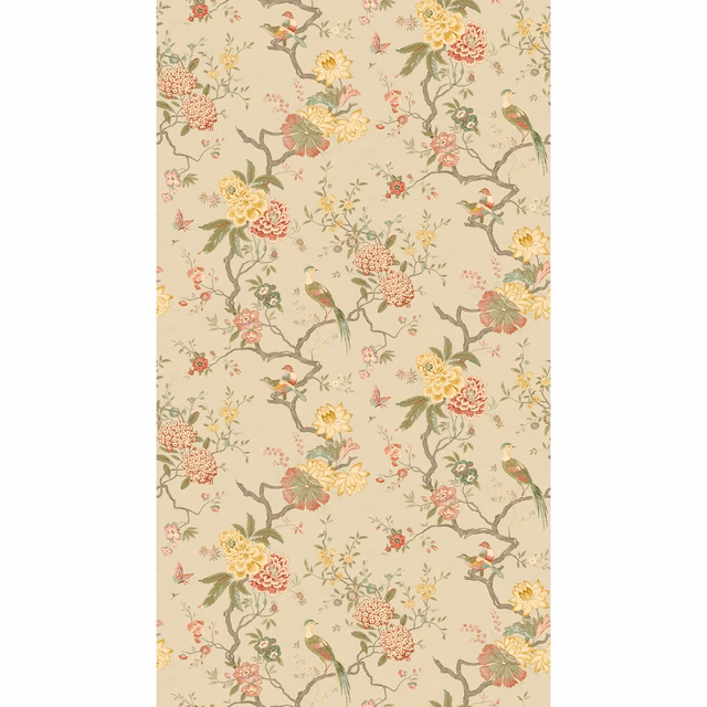 Muted taupe wallpaper with coral flowers, perched birds and branching botanical trails