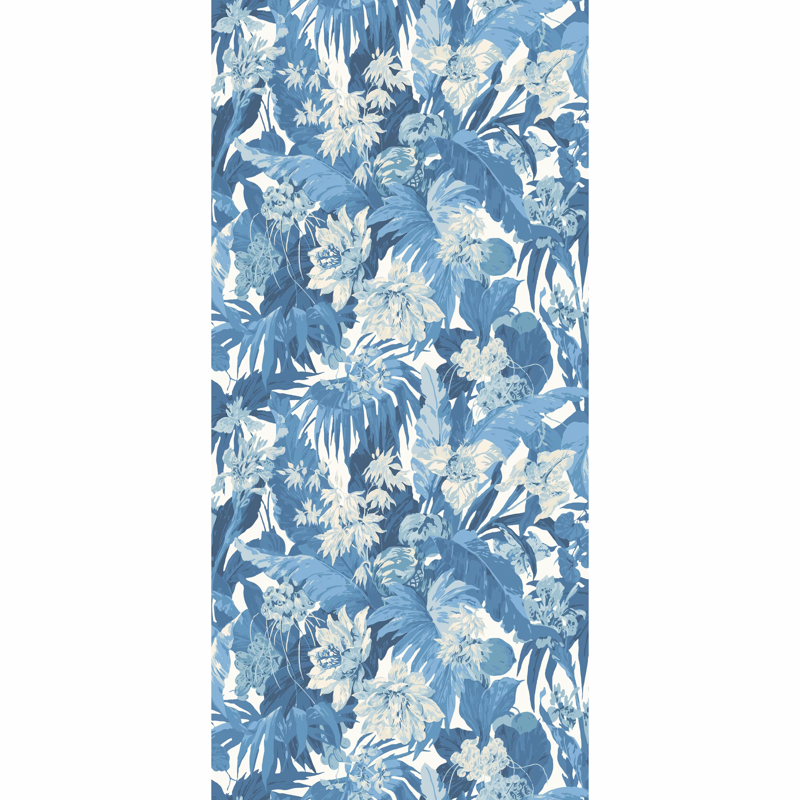 Cool blue tropical foliage and ivory flowers in a dense vertical wallpaper repeat