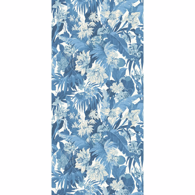 Cool blue tropical foliage and ivory flowers in a dense vertical wallpaper repeat