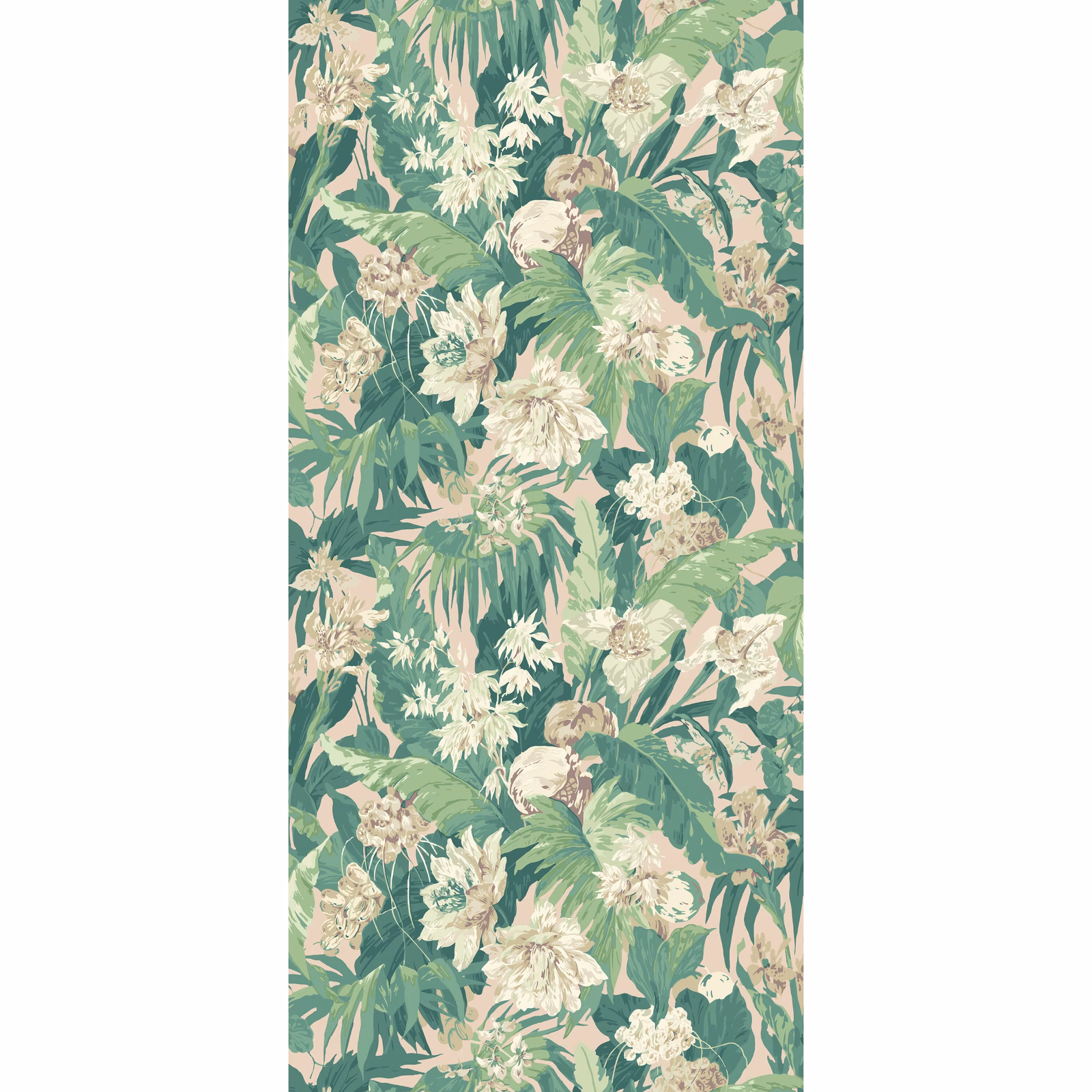 Sage tropical wallpaper with cream flowers, blush blooms and layered leafy foliage