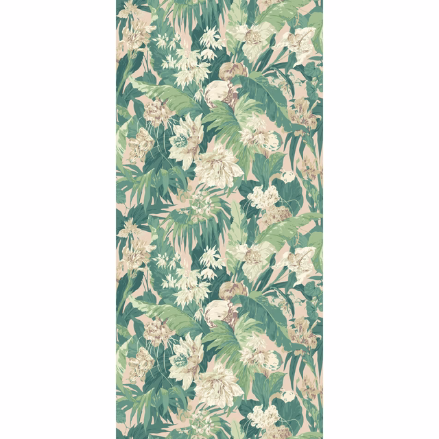 Sage tropical wallpaper with cream flowers, blush blooms and layered leafy foliage