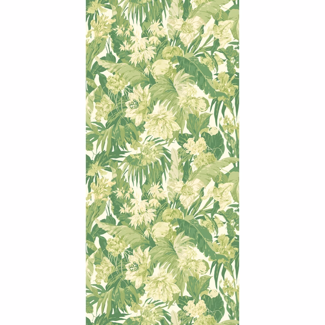 Cream ground wallpaper with layered sage leaves, palms and pale botanical flowers