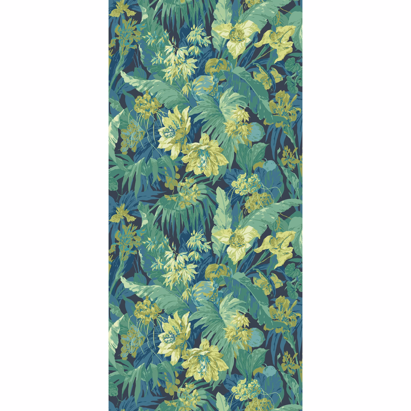Indigo wallpaper with teal tropical leaves and pale yellow flowers