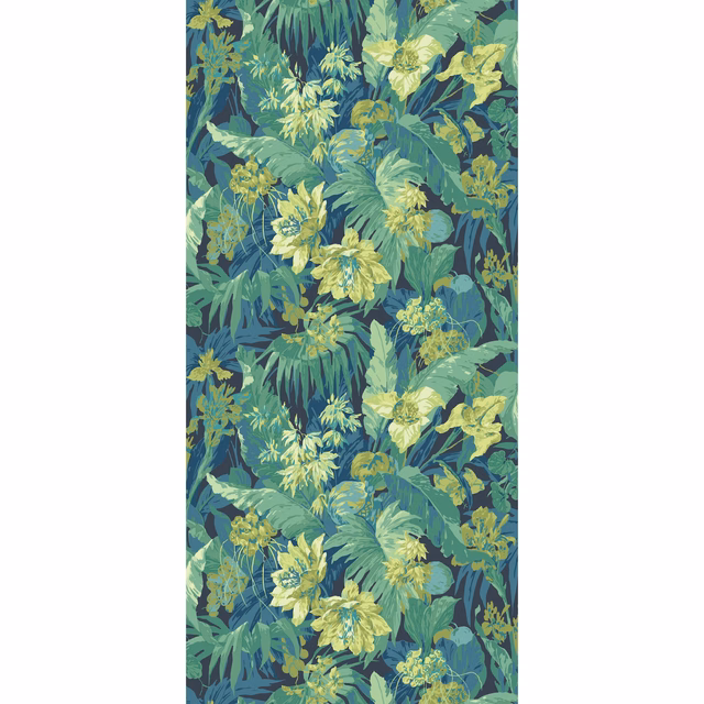 Indigo wallpaper with teal tropical leaves and pale yellow flowers