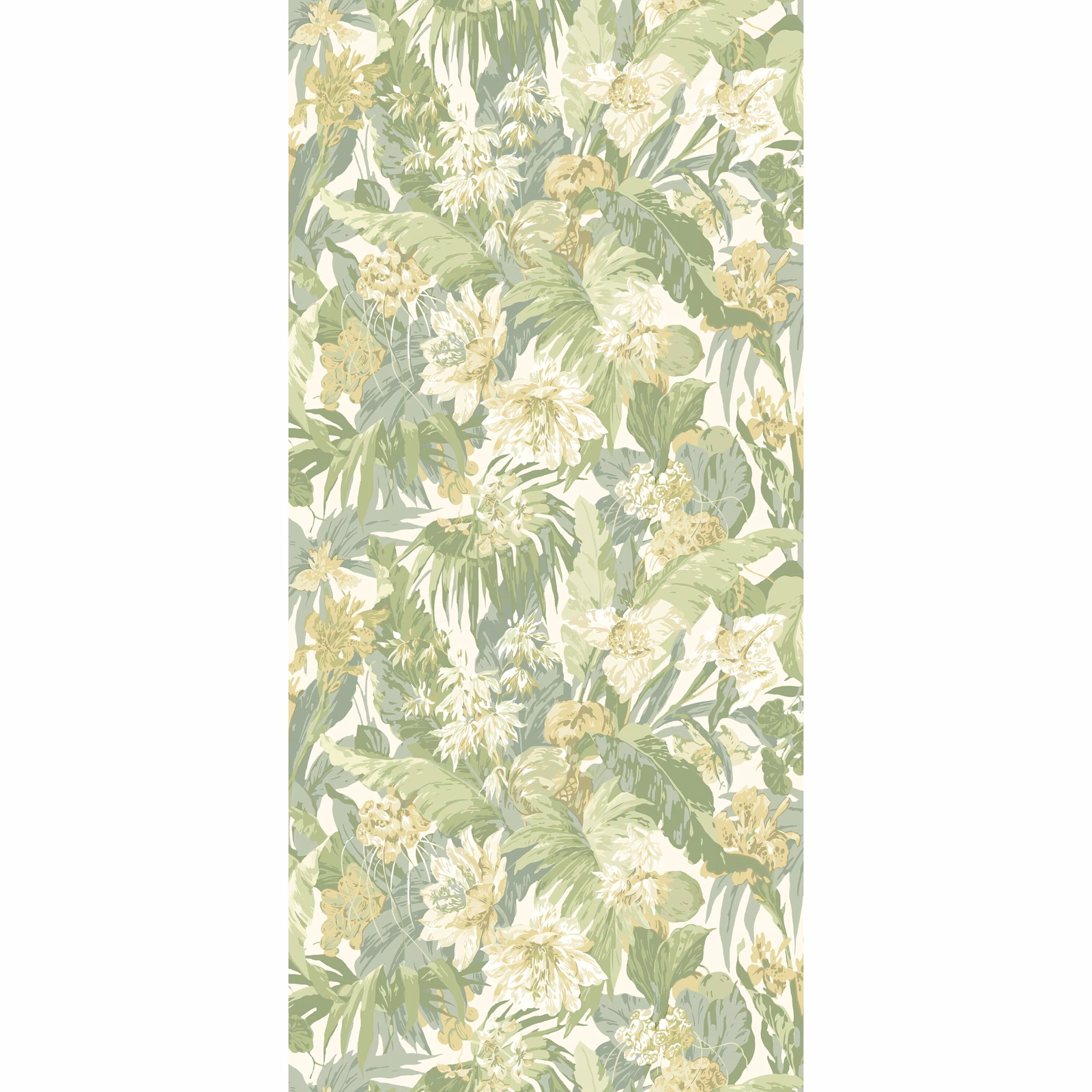 Soft green tropical wallpaper with layered palm leaves and cream flowers