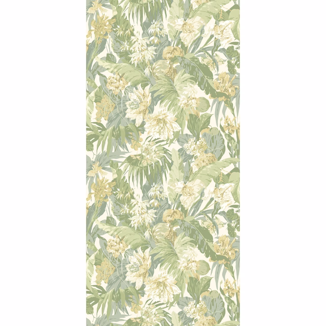 Soft green tropical wallpaper with layered palm leaves and cream flowers