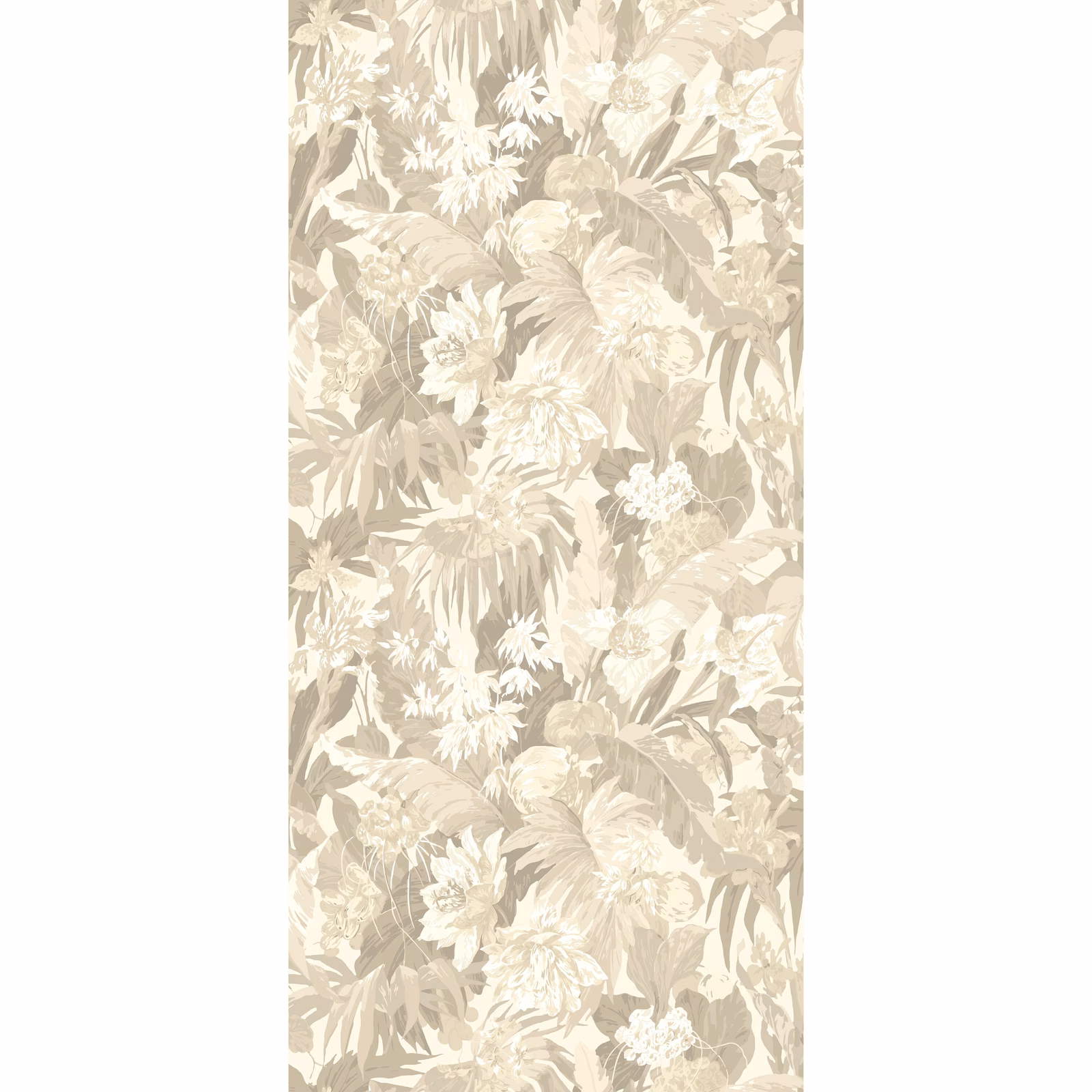 Stone taupe wallpaper with cream tropical flowers and layered leafy foliage