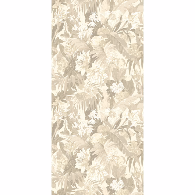 Stone taupe wallpaper with cream tropical flowers and layered leafy foliage