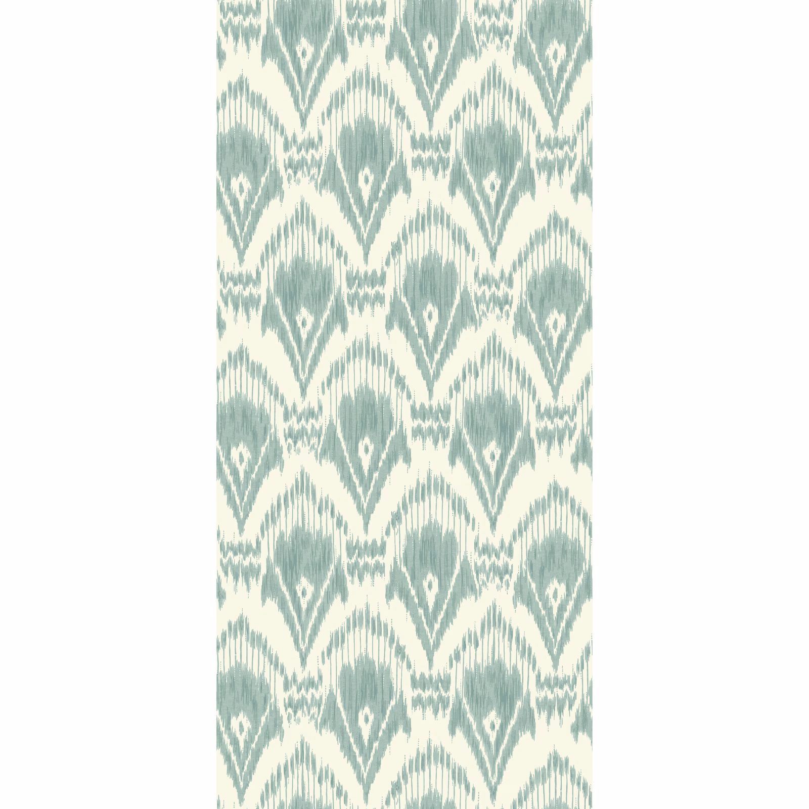 Muted aqua and cream ikat-style geometric wallpaper with feathered vertical striations