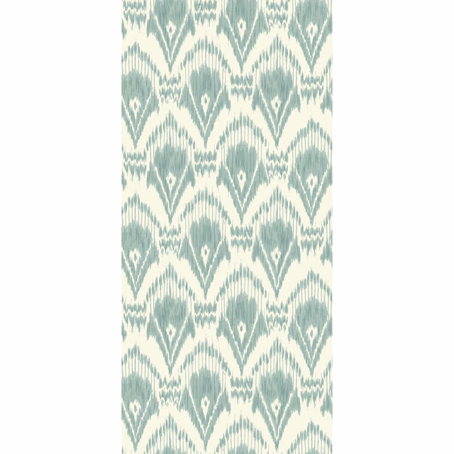 Muted aqua and cream ikat-style geometric wallpaper with feathered vertical striations