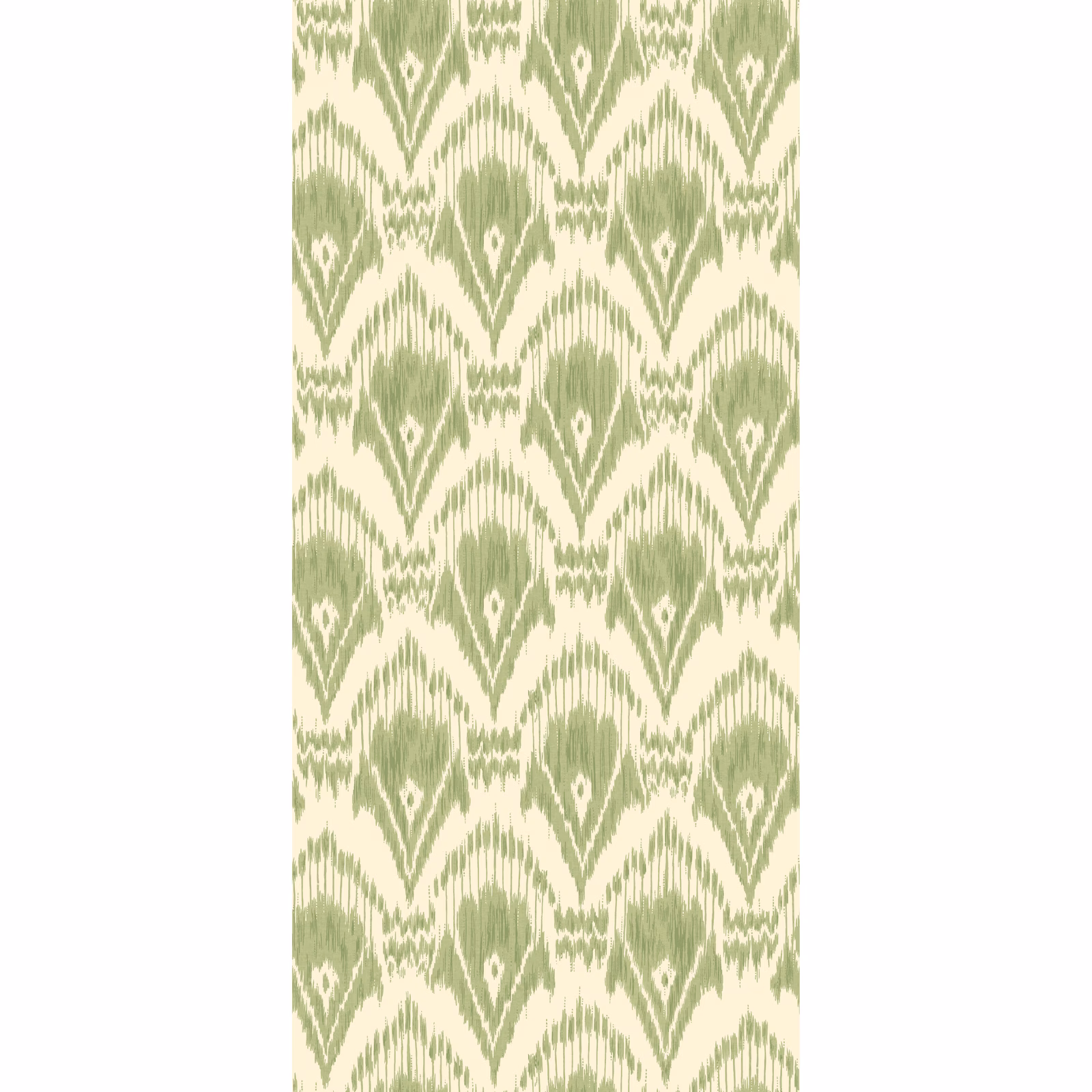 Soft sage and cream wallpaper with ikat-style diamond motifs and fine striations