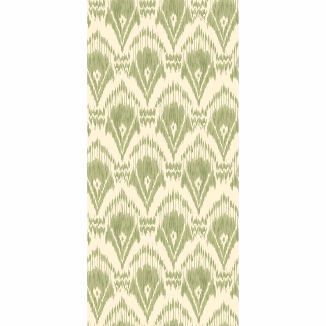 Soft sage and cream wallpaper with ikat-style diamond motifs and fine striations