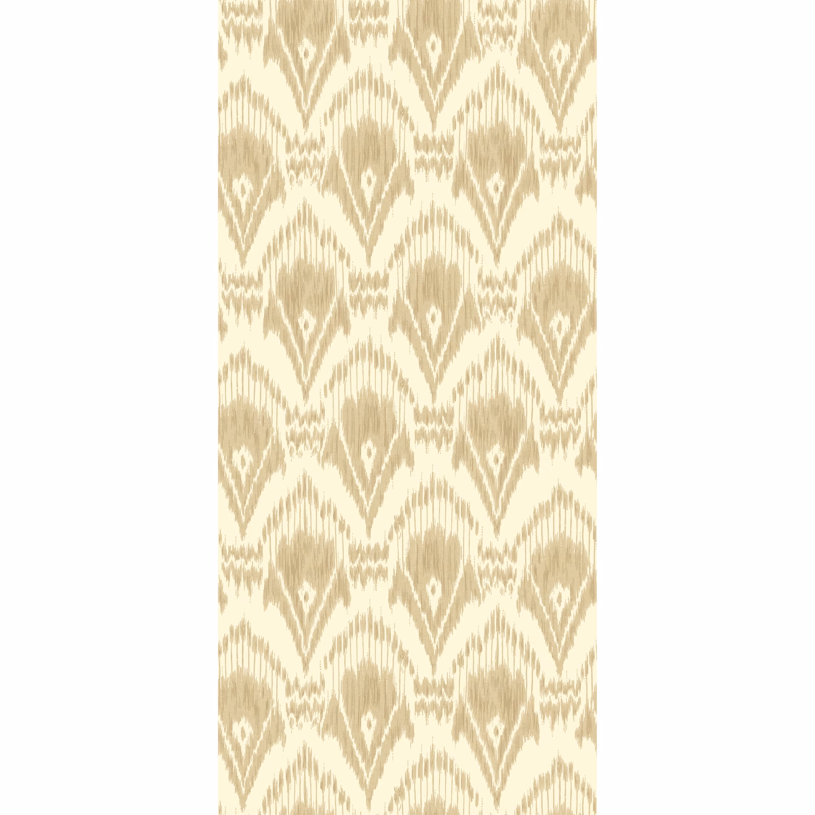 Warm parchment wallpaper with muted beige ikat diamonds and scalloped vertical motifs