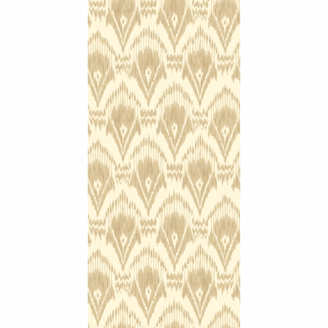 Warm parchment wallpaper with muted beige ikat diamonds and scalloped vertical motifs