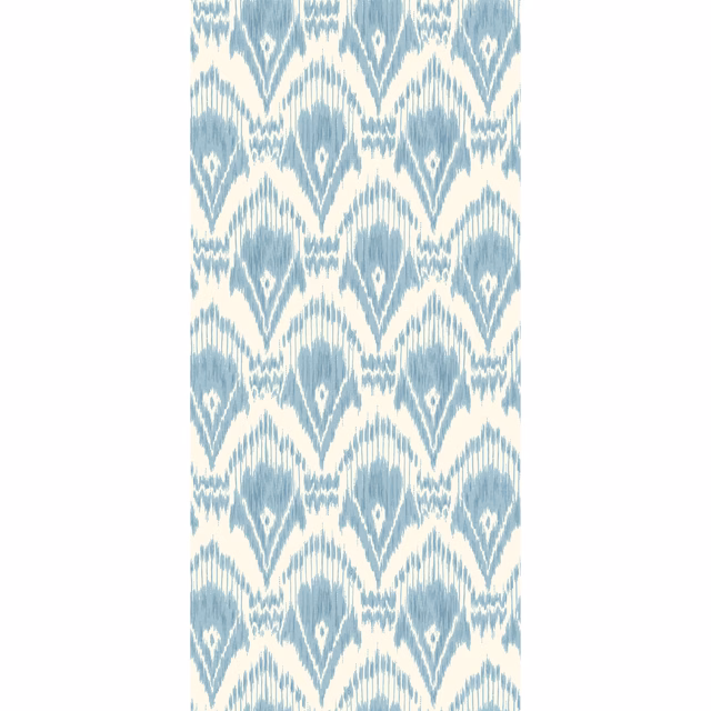 Soft blue and ivory ikat-style geometric wallpaper with brushed vertical texture