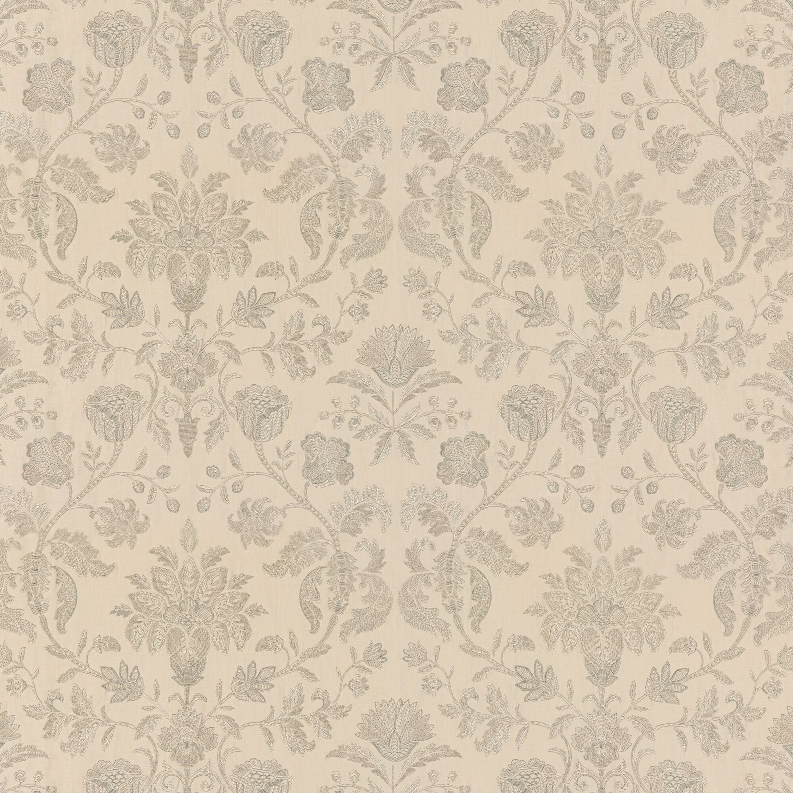 Parchment beige fabric with delicate taupe floral damask vines and scrolling leaves