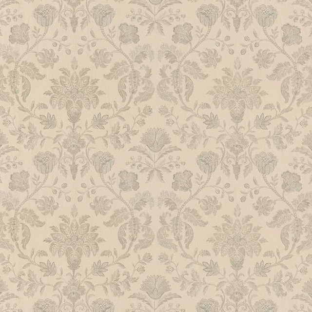 Parchment beige fabric with delicate taupe floral damask vines and scrolling leaves