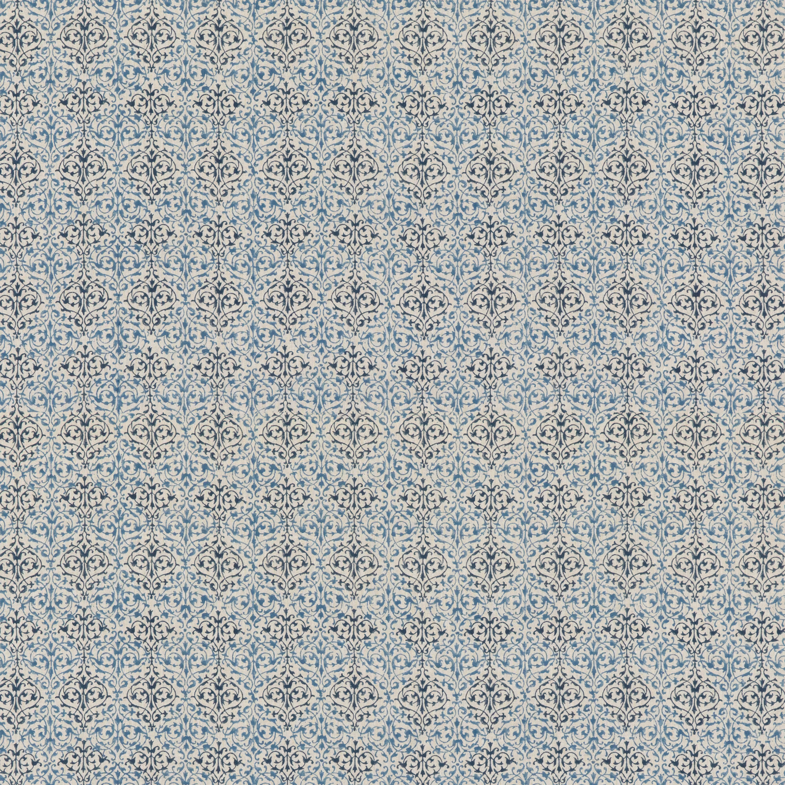 Muted blue arabesque floral motifs on a pale textured linen ground