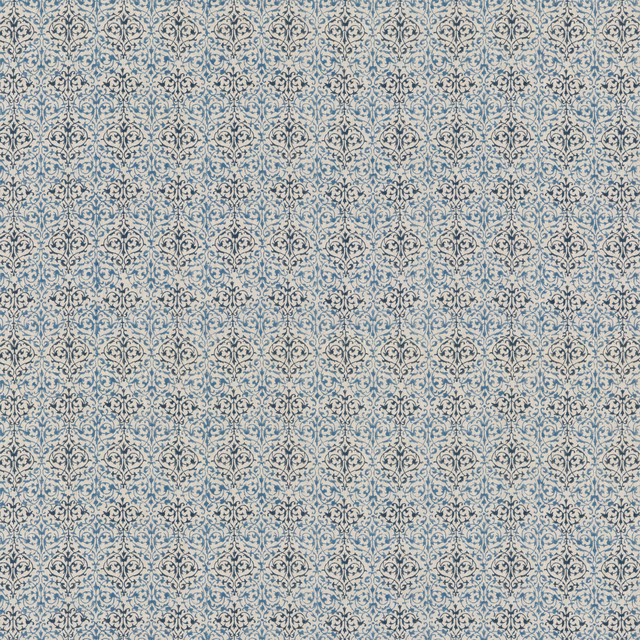 Muted blue arabesque floral motifs on a pale textured linen ground