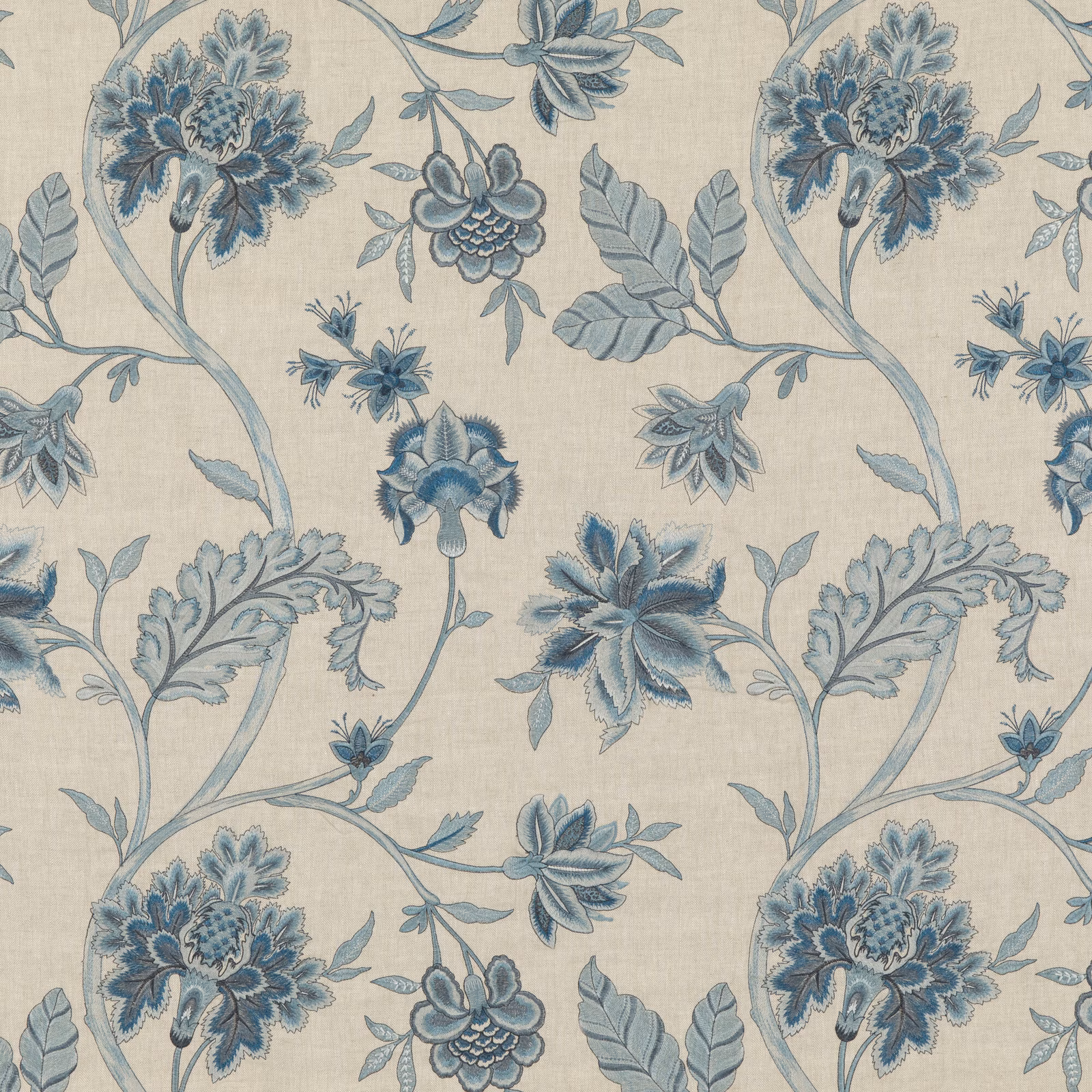 Blue-grey floral fabric with curling stems and layered botanical blooms on a woven ground