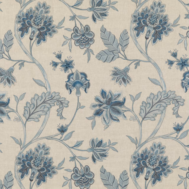 Blue-grey floral fabric with curling stems and layered botanical blooms on a woven ground