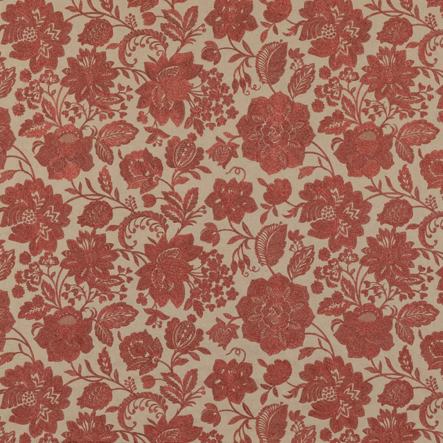 Muted brick-red floral sprays and scrolling leaves on a warm beige woven ground