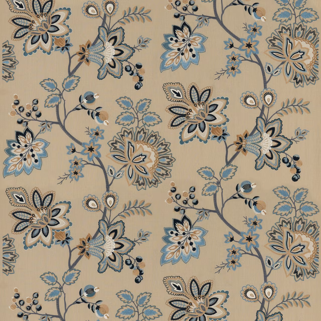 Muted blue and taupe embroidered florals with charcoal stems on a warm beige ground