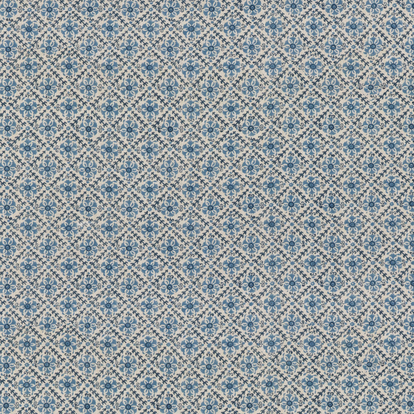 Muted blue floral trellis with ivory ground and fine linen texture