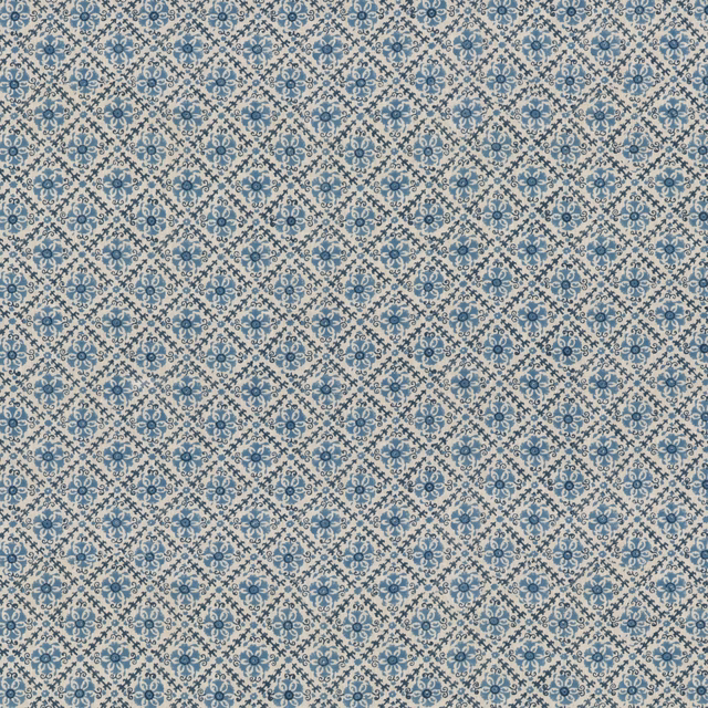 Muted blue floral trellis with ivory ground and fine linen texture