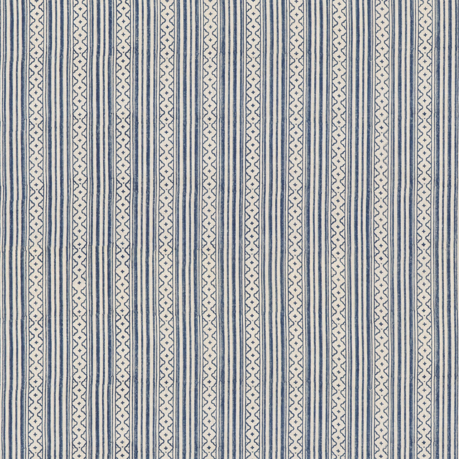 Muted blue and ivory linen with vertical stripes and small geometric bands