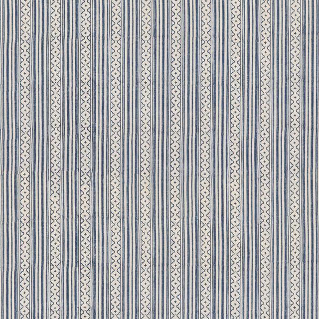 Muted blue and ivory linen with vertical stripes and small geometric bands
