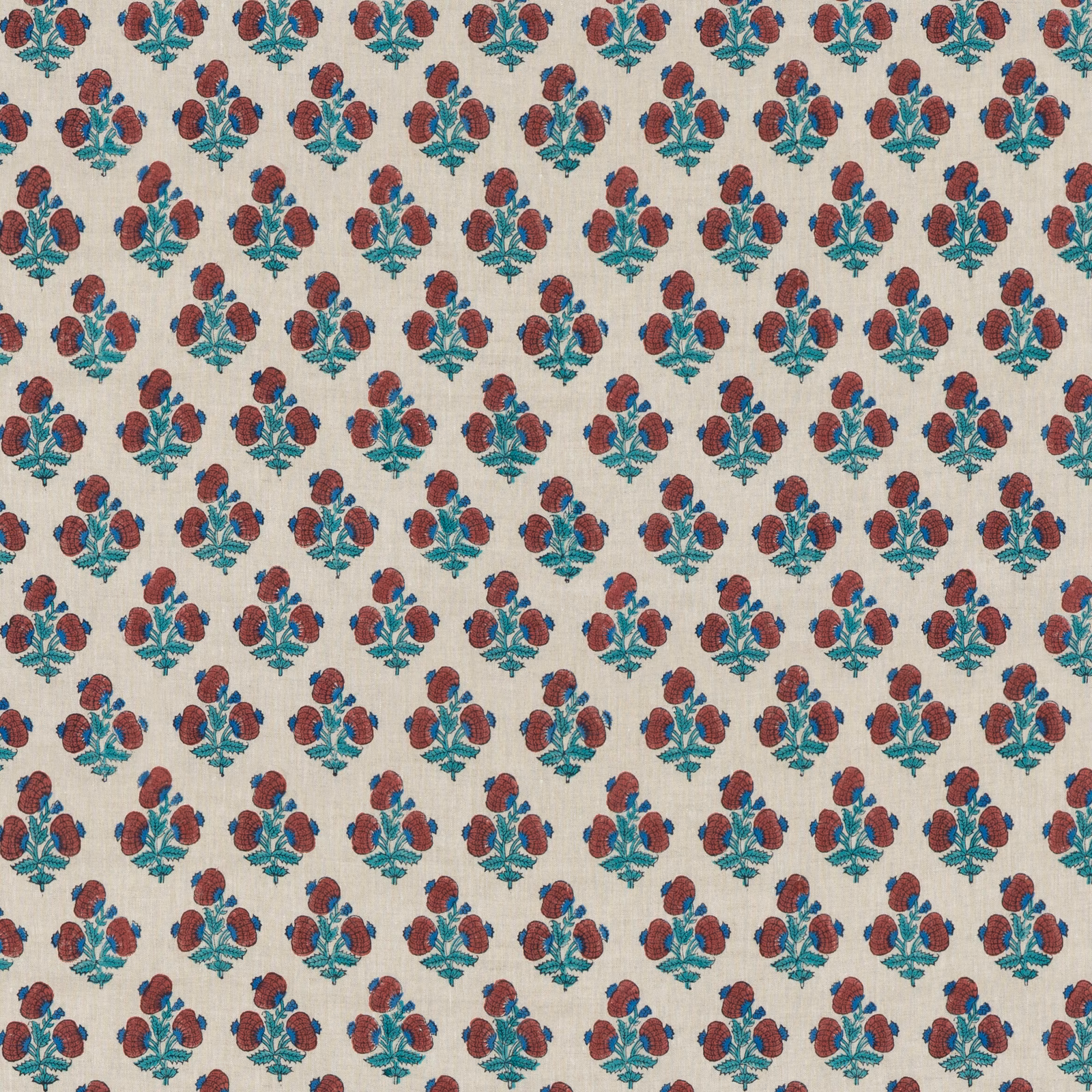Cream linen with repeating poppy-red flowers and blue teal leafy motifs
