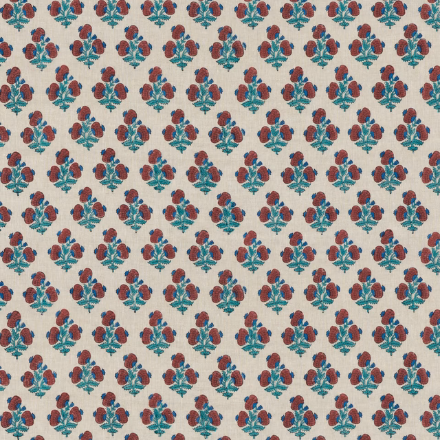 Cream linen with repeating poppy-red flowers and blue teal leafy motifs