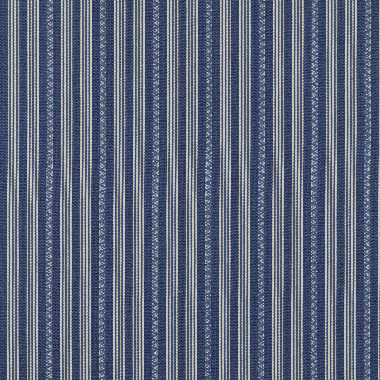 Muted navy blue woven stripe with ivory lines and geometric triangular bands